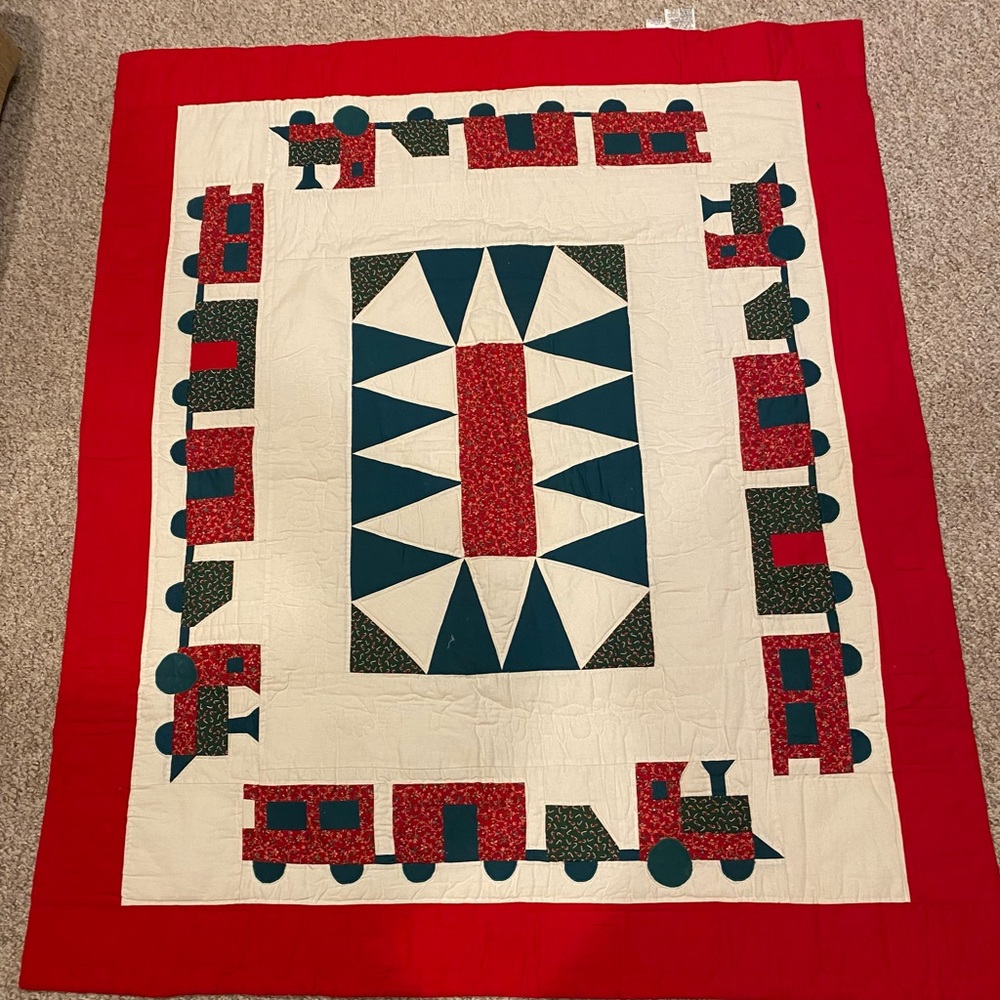 Vintage Train Christmas Quilt Red & Green Size 50X60
